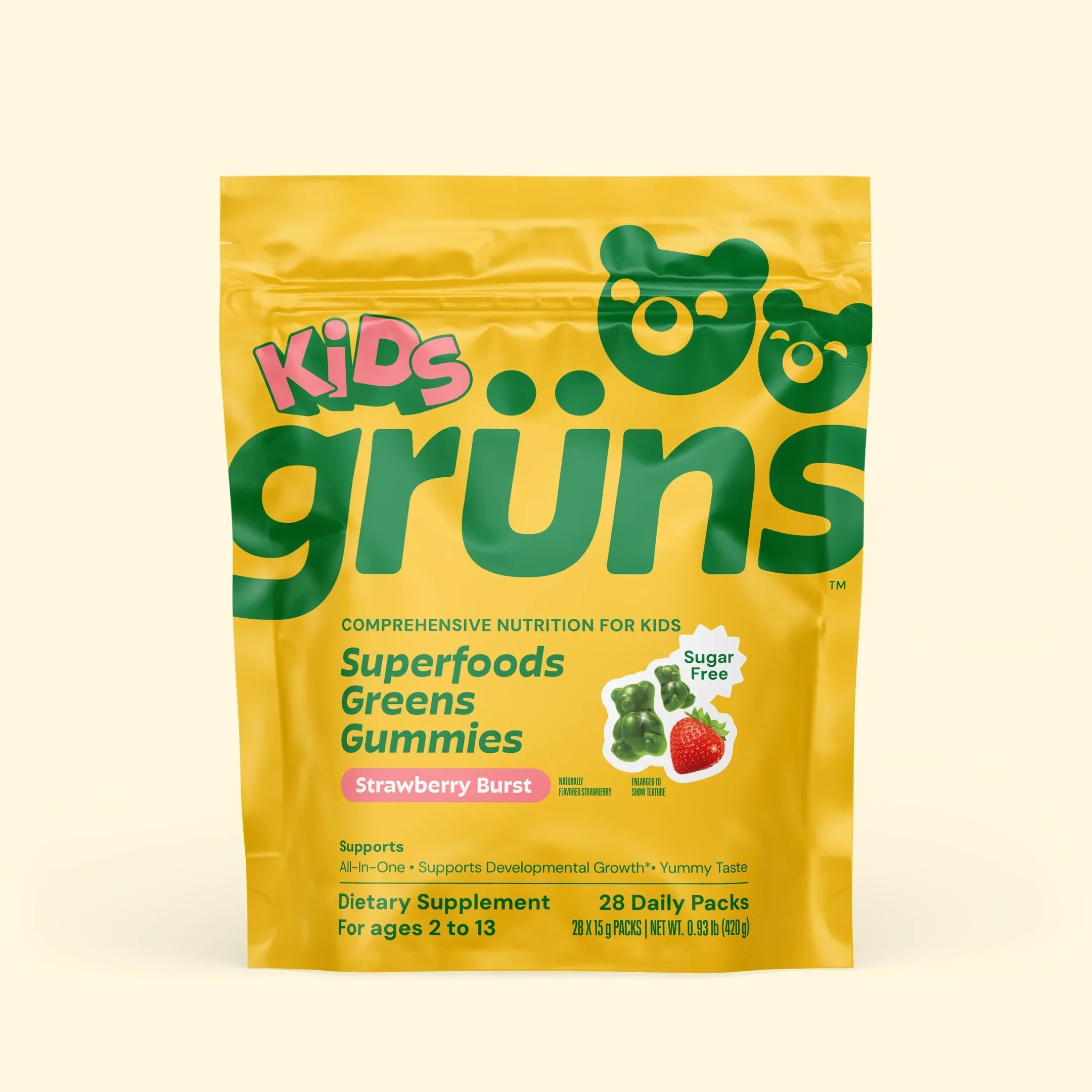 Grüns Kids Sugar-Free Superfoods Greens Gummies, gummy bears, Strawberry Burst, pouch front view